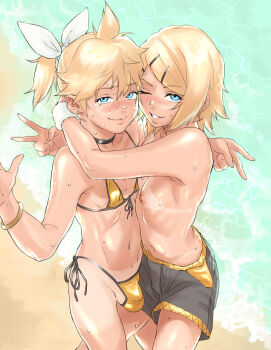 1boy 1girl armpits asymmetrical_docking beach bikini bikini_tan black_male_swimwear black_swim_trunks blonde_hair blue_eyes blush bracelet breast_press breasts brother_and_sister bulge cheek-to-cheek choker clothed_male_nude_female cosplay costume_switch crossdressing day earrings embarrassed exhibitionism flat_chest front-tie_top grin hair_between_eyes hair_ornament hair_ribbon hairclip heads_together highleg highleg_bikini highres hug jewelry kagamine_len kagamine_rin kouya_toufu loli looking_at_viewer male_swimwear male_swimwear_challenge micro_bikini naughty_face navel nervous nervous_smile nipples nude ocean one_eye_closed outdoors ponytail public_indecency ribbon sand shiny_skin shiny_swimsuit short_hair short_ponytail siblings side-tie_bikini_bottom small_breasts smile standing string_bikini sweat swim_trunks swimsuit tan tanline tareme tears teeth testicle_peek testicles topless_female trap v vocaloid water wet wink wristband yellow_bikini