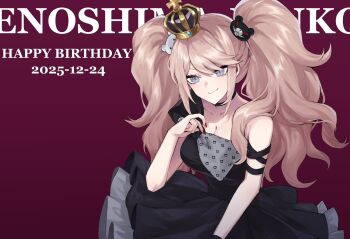 1girl bear_hair_ornament black_dress blonde_hair breasts character_name cleavage crown danganronpa:_trigger_happy_havoc danganronpa_(series) dress enoshima_junko grey_eyes hair_ornament hand_up happy_birthday hashtag-only_commentary highres hy_(fjvlg) long_hair nail_polish red_nails short_sleeves single_bare_shoulder solo twintails