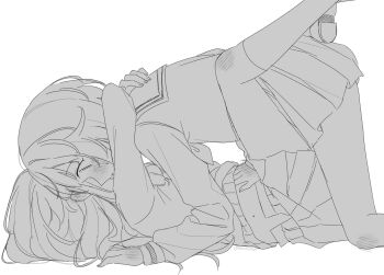 Rule 34 | 2girls, arms around neck, blush, commentary, ear blush, greyscale, hand blush, hand on another's stomach, highres, kneehighs, kusanagi nene, leg lock, long hair, monochrome, multiple girls, ootori emu, parted lips, pleated skirt, project sekai, sailor collar, school uniform, serafuku, shirt, short hair, skirt, socks, the coconutnut, untranslatable commentary, yuri