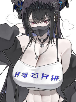 1girl absurdres alternate_costume asymmetrical_horns black_hair black_mask black_panties blue_hair blush breasts choker cleavage clothes_writing colored_inner_hair demon_horns ewn grey_jacket hair_ornament heart heart_necklace highres hololive hololive_english horns jacket jewelry large_breasts long_hair looking_at_viewer mask midriff mole mole_under_eye mouth_mask multicolored_hair necklace nerissa_ravencroft o-ring o-ring_choker panties red_eyes simple_background solo string_panties tassel tassel_hair_ornament translation_request two-tone_hair underwear uneven_horns upper_body very_long_hair virtual_youtuber white_background