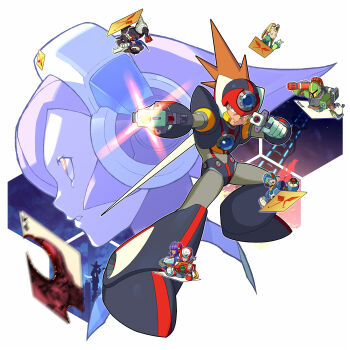 Rule 34 | 3girls, 6+boys, adjusting clothes, adjusting headwear, android, arm cannon, armor, axl (mega man), black armor, black gloves, black helmet, blonde hair, blue armor, blue eyes, blue hair, blue helmet, breasts, brown hair, cannon, card, chest jewel, clenched hands, clenched teeth, closed mouth, dual wielding, finger on trigger, forehead jewel, from side, full body, gloves, green armor, green eyes, hair over eyes, hair over one eye, headgear, helmet, holding, holding card, holding scythe, holding weapon, jewelry, layer (mega man), long hair, lumine (mega man), male focus, may (nicoseiga 32709921), mega man (series), mega man x7, mega man x8, mega man x: command mission, mega man x (series), mole, mole under eye, multicolored hair, multiple boys, multiple girls, new armor x (mega man), open mouth, orange eyes, pallette (mega man), pink hair, purple hair, red (mega man x), red armor, robot, scythe, shoulder armor, shoulder cannon, simple background, smile, spiked hair, straight hair, teeth, two-tone hair, underboob, upper body, vile (mega man), vile v (mega man), weapon, white armor, white background, white gloves, x (mega man), zero (mega man)