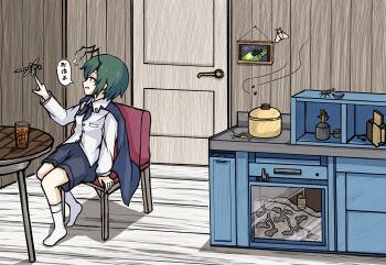 1girl animal_request antennae beetle black_cape black_shorts breast_pocket bug cape chair check_animal collared_shirt commentary dragonfly drink firefly fly galm_x_lmr_(ryonasa) grasshopper green_eyes green_hair hand_rest highres indoors insect insect_on_finger kitchen looking_at_animal moth no_shoes object_request open_mouth oven painting_(object) pocket rice_cooker shirt short_hair shorts sideways_mouth sitting socks speech_bubble table touhou translated white_shirt white_socks wooden_floor wooden_wall wriggle_nightbug
