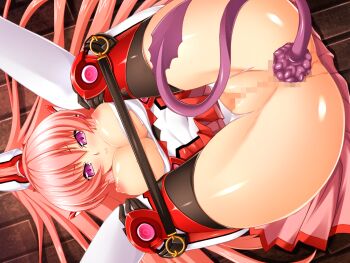 1girl anal anal_beads anal_object_insertion anal_tail anus ass bdsm black_thighhighs blush breasts breasts_out brick_floor butt_plug censored clothing_aside demon_tail dutch_angle exs-tia_chevalier exs-tia_chevalier_(exs-tia_2) fake_tail folded game_cg gloves headgear inoino knees_to_chest kouyoku_senki_exs-tia large_breasts large_variant_set leotard leotard_aside long_hair looking_at_viewer lying magical_girl mosaic_censoring nipples non-web_source object_insertion official_art on_back pink_hair pink_skirt purple_eyes pussy rieszverne_suzette_paladill sex_toy shiny_skin skirt solo spreader_bar tail thighhighs torn_clothes torn_leotard upside-down variant_set very_long_hair