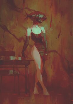 1girl apron bare_shoulders barefoot black_apron black_gloves black_shirt blood blood_on_wall bomb_devil_(chainsaw_man) breasts chainsaw_man crossed_legs elbow_gloves flower full_body gloves highres holding holding_flower leonardo_vincent medium_breasts pelvic_curtain shirt solo standing teeth thighs