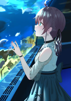 Rule 34 | 1girl, absurdres, against glass, ahoge, animal, aquarium, bare shoulders, black choker, brown hair, choker, earrings, eru aise, fish, green eyes, hair ribbon, hand on glass, highres, hololive, jewelry, long skirt, medium hair, nail polish, natsuiro matsuri, natsuiro matsuri (casual), open mouth, ribbon, see-through clothes, see-through sleeves, skirt, twintails, virtual youtuber, watch, wristwatch