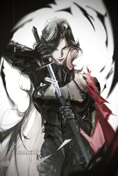 absurdres aegyo_sal armor black_gloves black_hair cape colored_inner_hair curtained_hair ellieaedon gloves hair_over_one_eye head_tilt highres holding holding_sheath holding_sword holding_weapon long_hair looking_at_viewer morgan_(shadow_slave) multicolored_hair red_cape red_eyes red_lips scabbard shadow_slave sheath smirk sword unsheathing very_long_hair weapon