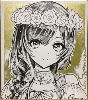 1girl bare_shoulders braid character_request closed_mouth commentary_request copyright_request dated hair_between_eyes head_wreath highres light_blush long_hair looking_at_viewer marine_(confeitokobo) off-shoulder_shirt off_shoulder parted_bangs portrait shirt signature single_braid smile solo traditional_media