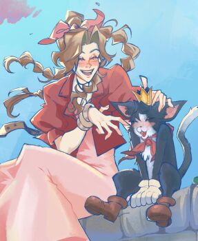 1girl aerith_gainsborough bangle blush boots bracelet braid braided_ponytail brick_wall brown_boots brown_hair cait_sith_(final_fantasy) cape cat clily027 closed_eyes crown dress final_fantasy final_fantasy_vii final_fantasy_vii_rebirth final_fantasy_vii_remake gloves hair_ribbon highres jacket jewelry long_dress long_hair mini_crown open_mouth parted_bangs pink_dress pink_ribbon red_cape red_jacket ribbon sidelocks single_braid sitting smile tuxedo_cat two-tone_fur white_gloves