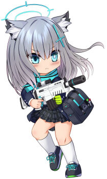 1girl animal_ear_fluff animal_ears aqua_necktie aqua_scarf assault_rifle bag black_shoes black_skirt blazer blue_archive blue_eyes blue_halo blue_jacket blush chibi commentary_request cross_hair_ornament full_body gloves green_gloves grey_hair gun hair_between_eyes hair_ornament halo highres holding holding_gun holding_weapon jacket kneehighs long_hair magazine_(weapon) matahachi miniskirt mismatched_pupils necktie open_clothes open_jacket plaid_clothes plaid_skirt pleated_skirt pout rifle scarf school_bag scope shiroko_(blue_archive) shirt shoes shoulder_bag sidelocks sig_sauer_556 simple_background single_glove skirt socks speech_bubble standing striped_clothes striped_scarf suppressor weapon white_background white_shirt white_socks wolf_ears