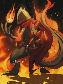 absurdres belt brown_belt closed_mouth colored_sclera commentary_request commission fire highres nintendo original pixiv_commission pokemon pokemon_(creature) red_scarf reo_(mmocc123) scarf shadow spines tail yellow_sclera