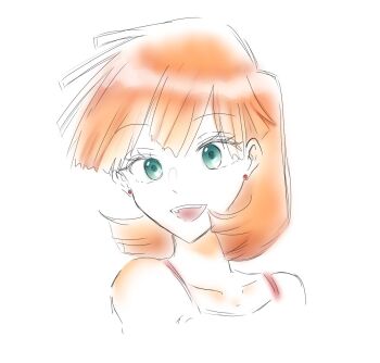 Rule 34 | 1girl, :d, bare shoulders, collarbone, cropped shoulders, earrings, eyelashes, green eyes, gym leader, hair behind ear, happy, jewelry, looking at viewer, medium hair, misty (pokemon), nintendo, open mouth, orange hair, pokemon, pokemon adventures, short hair, simple background, smile, solo, teeth, tongue, upper body, upper teeth only, white background