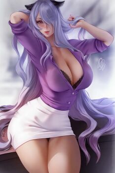 1girl arm_behind_head artist_name blouse blush bra breasts camilla_(fire_emblem) cleavage contemporary fire_emblem fire_emblem_fates hair_over_one_eye hand_in_own_hair lace lace-trimmed_bra lace_trim large_breasts long_hair looking_at_viewer miniskirt nail_polish nintendo office_lady olchas one_eye_covered purple_eyes purple_hair shirt signature sitting skirt solo tiara underwear wavy_hair