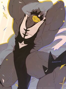 1boy abs armpits arms_up artist_name bara biceps closed_eyes commentary drooling english_commentary furry furry_male gen_8_pokemon highres legendary_pokemon lying male_focus muscular muscular_male nintendo nipples on_back on_bed pectorals pokemon pokemon_(creature) saliva sleeping smile urshifu velvetperwoah