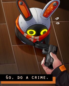 Rule 34 | 1boy, animal ears, bandana, bandana over mouth, bangboo (zenless zone zero), black jacket, english text, eous (zenless zone zero), giving, go do a crime (meme), gun, hellishcarnage, highres, holding, holding gun, holding weapon, jacket, meme, rabbit ears, red bandana, robot, solo focus, weapon, wise (zenless zone zero), zenless zone zero