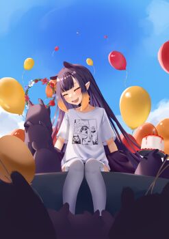 Rule 34 | 1girl, balloon, blue sky, blunt bangs, cake, closed mouth, commentary, day, english commentary, flower wreath, food, gradient hair, highres, hololive, hololive english, long hair, mole, mole under eye, multicolored hair, ninomae ina'nis, ninomae ina'nis (loungewear), official alternate costume, open mouth, orange hair, outdoors, pointy ears, print shirt, purple hair, pyrokuro, shirt, sidelocks, sitting, sky, smile, solo, straight-on, straight hair, t-shirt, takodachi (ninomae ina'nis), tentacle hair, thighhighs, very long hair, virtual youtuber, white shirt, white thighhighs
