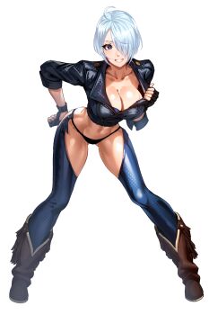 Rule 34 | 1girl, abs, ahoge, angel (kof), black gloves, blue eyes, blue hair, boots, breasts, brown boots, cleavage, cropped jacket, fingerless gloves, full body, gloves, hair over one eye, highres, looking at viewer, short hair, simple background, smile, solo, teeth, the king of fighters, volyz, white background