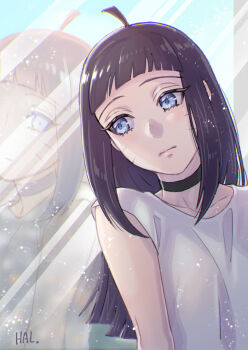1girl ahoge black_choker black_hair blue_eyes blunt_bangs boruto:_two_blue_vortex choker commentary_request facial_mark hal_(sakurajam) highres long_hair naruto_(series) reflection shirt signature solo upper_body uzumaki_himawari whisker_markings white_shirt window
