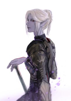 Rule 34 | 1girl, absurdres, armor, baldur's gate, baldur's gate 3, colored skin, dark elf, dungeons & dragons, dungeons &amp; dragons, elf, from side, hair bun, hand on hilt, highres, looking at viewer, luojingdou, minthara, pauldrons, pointy ears, purple skin, red eyes, short hair, shoulder armor, simple background, single hair bun, solo, upper body, white background, white hair