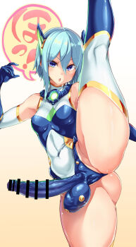 1futa :o ass bar_censor bare_shoulders blue_eyes blue_gloves blue_hair blue_thighhighs boots breasts bulge calpish censored condom condom_on_penis covered_erect_nipples covered_navel covered_penis covered_testicles elbow_gloves elekshaal_(calpish) erection erection_under_clothes flexible futanari gloves gradient_background hair_between_eyes headgear highres huge_testicles kneepits large_penis leg_lift leg_up leotard looking_at_viewer magical_girl medium_breasts open_mouth original penis short_hair skin_tight solo split standing standing_on_one_leg standing_split testicles thick_thighs thighhighs thighs variant_set white_background white_thighhighs yellow_background