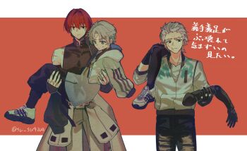3boys black_gloves black_pants blue_eyes carrying clothes_around_waist dragon_print facial_scar fate/grand_order fate_(series) gloves hair_slicked_back harada_sanosuke_(fate) highres jacket jacket_around_waist long_sleeves missing_limb multicolored_jacket multiple_boys multiple_scars nagakura_shinpachi_(fate) pants princess_carry prosthesis prosthetic_arm prosthetic_arm_removed prosthetic_leg_removed red_hair scar scar_on_arm scar_on_cheek scar_on_face scar_on_forehead scar_on_shoulder shinsengumi_(fate) shoes sleeveless su_su4204 sweat toned toned_male toudou_heisuke_(fate) triple_vertical_stripe two-tone_jacket white_hair white_jacket white_pants white_shoes