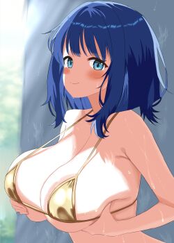 1girl bikini blue_eyes blue_hair blush breasts cleavage gold_bikini grabbing_own_breast half-closed_eyes highres large_breasts looking_at_viewer make_heroine_ga_oo_sugiru! medium_hair rain seductive_gaze seductive_smile sideboob smile solo wet yanami_anna