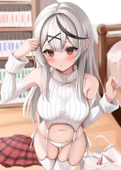 1girl arm_up bare_shoulders bed black_streaks blush bookshelf breasts camisole center-flap_bangs clothes_on_floor commentary_request cowboy_shot detached_sleeves double-parted_bangs earclip earrings frilled_camisole frills garter_straps grey_hair hair_ornament hairclip hand_up highres hololive hoop_earrings indoors jewelry large_breasts long_hair long_sleeves looking_at_viewer midriff miniskirt multicolored_hair navel panties parted_lips plaid_clothes plaid_skirt pleated_skirt red_eyes red_skirt ribbed_panties ribbed_sleeves ribbed_sweater ribbed_thighhighs sakamata_chloe shinonome_shino_(artist) side-tie_panties sidelocks skirt solo standing streaked_hair sweater thighhighs tucking_hair turtleneck turtleneck_sweater underwear unworn_clothes virgin_destroyer_sweater virtual_youtuber white_camisole white_panties white_sleeves white_sweater white_thighhighs wooden_floor x_hair_ornament