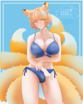 1girl absurdres alternate_costume animal_ear_fluff bikini blonde_hair blue_background blue_bikini blush border breasts cleavage closed_mouth commentary_request dated embarrassed fox_tail highres inset_border kitsune kyuubi large_breasts looking_at_viewer missing_headwear multiple_tails outside_border side-tie_bikini_bottom solo soretsu_nitohei sweat swimsuit tail thighs touhou twitter_username variant_set watermark white_border yakumo_ran yellow_eyes