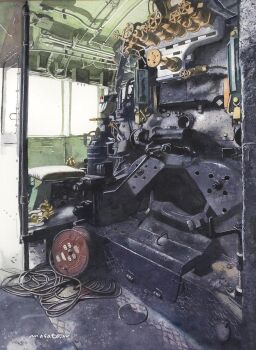 cable engine gears highres industrial_pipe locomotive machinery no_humans original painting_(medium) scenery shadow smokestack steam_locomotive sunlight traditional_media train train_interior valve watanabe_masato watercolor_(medium) window wire
