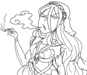 1girl azura_(fire_emblem) cigarette davewaterfalls fire_emblem fire_emblem_fates headdress long_hair nintendo sketch smoke smoking solo