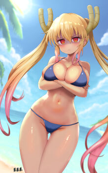 Rule 34 | 1girl, arms under breasts, bare shoulders, beach, bikini, blonde hair, blue bikini, blue sky, blush, breasts, cleavage, closed mouth, cloud, collarbone, commentary request, cowboy shot, crossed arms, day, dragon girl, dragon horns, frown, gluteal fold, gradient hair, groin, hair between eyes, highres, horns, kobayashi-san chi no maidragon, large breasts, long hair, looking at viewer, multicolored hair, navel, ocean, orange eyes, outdoors, palm tree, pink hair, red eyes, reiwa rerere, shaded face, shiny skin, skindentation, sky, slit pupils, solo, standing, stomach, swimsuit, tan, thigh gap, tohru (maidragon), tree, twintails, v-shaped eyebrows, very long hair