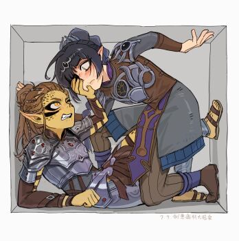 2girls anger_vein armor baldur&#039;s_gate baldur&#039;s_gate_3 black_hair blush breastplate brown_hair brown_shoes clenched_teeth colored_skin dungeons_&amp;_dragons dungeons_&amp;_dragons elf eye_contact facial_tattoo full_body gith_(d&amp;d) hair_bun hand_on_another&#039;s_cheek hand_on_another&#039;s_face highres lae&#039;zel looking_at_another medium_hair multiple_girls one_eye_covered pauldrons pointy_ears reclining sandals shadowheart_(baldur&#039;s_gate) shoes shoulder_armor single_hair_bun slit_pupils stuck_in_a_box sweatdrop tattoo teeth yellow_eyes yellow_skin yuri yy20251111