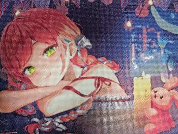 1girl arm_pillow arm_ribbon braid candle closed_mouth commentary_request cropped_shoulders derivative_work flower green_eyes hanako_nana highres korean_commentary light_bulb long_hair looking_at_viewer parted_bangs peto7790 peto_(hanako_nana) photo_(medium) pink_hair rabbit red_flower red_rose ribbon rose smile solo stellive unconventional_media virtual_youtuber