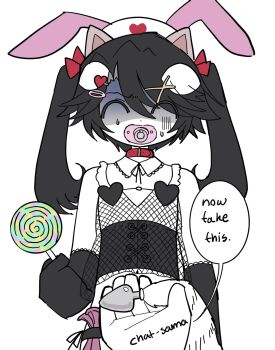 1boy animal_ears belt_collar black_corset black_gloves black_hair butt_plug candy cat_ears closed_eyes collar colored_skin corset crossdressing crossdressing_(mtf) disembodied_hand english_text fake_animal_ears feminization food funamusea funamusea_(style) gloves hair_ornament hair_ribbon hairclip hat heart heart_hair_ornament highres holding holding_candy holding_food holding_lollipop humiliation ice_scream idate_(funamusea) lollipop multicolored_hair nurse_cap pacifier parody pink_collar pov rabbit_ears red_ribbon ribbon sex_toy shaded_face simple_background style_parody trap twintails two-tone_hair white_background white_hair white_skin x_hair_ornament yumeijenny