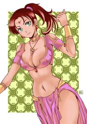 Rule 34 | 1girl, arabian clothes, artist name, bad tag, belly dancer, breasts, brown hair, character request, cleavage, curvy, highres, large breasts, legs, midriff, navel, ponytail, smile, solo, thighs