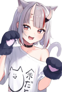 1girl :d alternate_hair_length alternate_hairstyle animal_ear_fluff animal_ears animal_hands black_choker cat_ears cat_girl cat_tail choker commentary_request fang gloves hololive horns kakinotane_e multicolored_hair nakiri_ayame nakiri_ayame_(cutie_jersey) official_alternate_costume oni open_mouth paw_gloves red_eyes revision shirt short_hair single_bare_shoulder skin-covered_horns smile solo streaked_hair t-shirt tail virtual_youtuber white_background white_hair white_shirt
