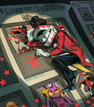 Rule 34 | 1girl, 1other, 2boys, 3hkowalski, asymmetrical gloves, black bow, black bowtie, black pants, black shoes, blue gloves, bow, bowtie, caine (the amazing digital circus), colored skin, crayon, crayon drawing, full body, gloves, green eyes, hat, heterochromia, highres, holding, holding crayon, jax (the amazing digital circus), jester cap, jester costume, long sleeves, multiple boys, multiple girls, pants, peeking through fingers, pomni (the amazing digital circus), popularity contest, purple skin, purple suspenders, red eyes, red gloves, red star, red tailcoat, shirt, shoes, star (symbol), sweatdrop, teeth, the amazing digital circus, top hat, upper body, white shirt, yellow eyes, yellow gloves, zooble (the amazing digital circus)