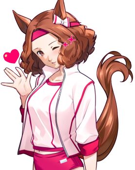 Rule 34 | 1girl, animal ears, blush, bow, breasts, brown eyes, brown hair, buruma, collarbone, cosplay, ear bow, hairband, haru urara (bestest prize) (umamusume), haru urara (umamusume), haru urara (umamusume) (cosplay), headband, heart, highres, horse ears, horse girl, horse tail, jacket, kemonomimi mode, long sleeves, looking at viewer, navel, okumura haru, one eye closed, parted lips, persona, persona 5, pink buruma, pink headband, red buruma, red headband, shirt, short hair, simple background, smile, solo, sparkle, star (symbol), tail, umamusume, wanderstillart, white background, white jacket, white shirt