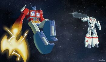 1980s_(style) autobot battle battroid blue_eyes choujikuu_yousai_macross commission creator_connection energy_axe fighting glowing gun gunpod highres holding holding_gun holding_weapon insignia lhukave machine machinery macross macross:_do_you_remember_love? mecha no_humans oldschool optimus_prime retro_artstyle robot science_fiction transformers transformers:_generation_1 variable_fighter vf-1j weapon