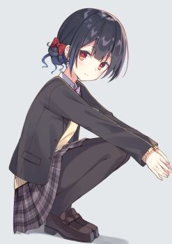 1girl black_hair black_pantyhose black_sleeves blazer bow closed_mouth double_bun formal_clothes grey_background hair_bow hair_bun highres idolmaster idolmaster_shiny_colors jacket long_sleeves looking_at_viewer morino_rinze multicolored_eyes pantyhose red_bow red_eyes school_uniform shadow short_hair simple_background single_hair_bun solo squatting suit suit_jacket zoirun