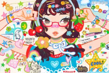 1girl bandaid blue_eyeshadow brown_hair cat cherry chi_chai_monchan colorful commentary emoticon english_commentary english_text eyeshadow food fruit hair_ornament heisei_retro kaomoji lips long_hair macaroon_(sanrio) makeup mamegoma_(san-x) newjeans original pompompurin portrait ribbon san-x sanrio scone_(sanrio) shirogoma shirt solo sticker strawberry upper_body vicki_tsai