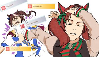 2girls animal_ears black_vest bow brown_hair brown_shirt closed_eyes commentary diagonal-striped_bow english_commentary epaulettes gameplay_mechanics green_bow hand_in_own_hair horse_ears horse_girl jujutsu_kaisen long_hair long_sleeves meme multicolored_hair multiple_girls nice_nature_(poinsettia_ribbon)_(umamusume) nice_nature_(umamusume) one_of_agnes_digital open_mouth pink_bow punching red_bow red_hair scene_reference shirt simple_background streaked_hair striped_bow tokai_teio_(peak_joy)_(umamusume) tokai_teio_(umamusume) twintails umamusume vest white_hair