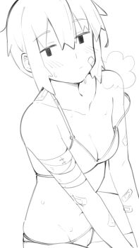 1girl bandaid bandaid_on_arm bandaid_on_cheek bandaid_on_face blush bra breasts cleavage closed_mouth commentary cowboy_shot greyscale highres kino_(kino_no_tabi) kino_no_tabi kokuya_(kokuya28) lineart looking_at_viewer medium_breasts monochrome navel panties short_hair simple_background sitting solo underwear underwear_only