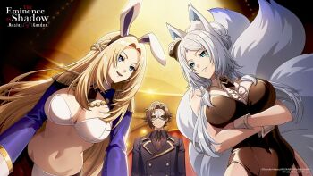 alpha_(kage_no_jitsuryokusha_ni_naritakute!) blonde_hair blue_eyes blue_shrug breasts cleavage highres kage_no_jitsuryokusha_ni_naritakute! large_breasts long_hair midriff navel official_art rabbit_ears shrug_(clothing) yukime_(kage_no_jitsuryokusha_ni_naritakute!)