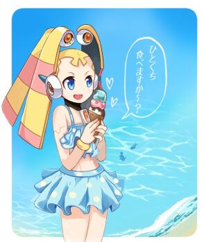 1girl android blonde_hair blue_eyes detached_hair food ice_cream mega_man_(series) mega_man_x_(series) mega_man_x_dive ocean pallette_(mega_man) robot_ears robot_girl skirt solo swimsuit teto_(y3832)