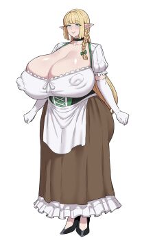 absurdres apron black_choker black_shoes blonde_hair blunt_bangs bodice braid breasts choker cleavage clenched_hands closed_mouth collarbone commentary_request corinna21210534 dark_skin dirndl dress elbow_gloves full_body german_clothes gigantic_breasts gloves high_heels highres huge_nipples original plump shoes short_sleeves sidelocks simple_background smile standing white_apron white_background white_dress white_gloves