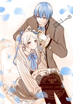 1boy 1girl black_pantyhose blue_bow blue_bowtie blue_hair blue_petals blue_ribbon bow bowtie closed_mouth dated earrings elf falling_petals frieren grey_jacket grey_skirt hair_between_eyes hair_ribbon hands_in_another's_hair himmel_(sousou_no_frieren) hugging_own_legs jacket jewelry long_hair mole mole_under_eye pantyhose parted_bangs petals pointy_ears ribbon shirt short_hair sitting skirt smile sousou_no_frieren twintails twitter_username white_hair white_shirt yukiyo_usa