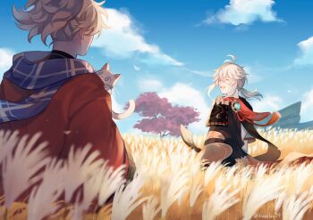 2boys :d ^_^ antenna_hair armor artist_name asymmetrical_sleeves black_scarf blonde_hair blue_scarf blue_sky cat cliff closed_eyes cloud coat commentary crossed_bangs day english_commentary facing_away field from_behind genshin_impact hair_between_eyes haori happy high_ponytail highres japanese_armor japanese_clothes kaedehara_kazuha kazuha's_friend_(genshin_impact) kimono kuro_lee leaf_print long_hair long_sleeves looking_at_another looking_back low_ponytail male_focus maple_leaf_print mismatched_sleeves multicolored_hair multiple_boys open_mouth outdoors ponytail red_coat red_hair red_scarf scarf short_sleeves shoulder_armor sidelocks sky smile sode streaked_hair tassel tree twitter_username vision_(genshin_impact) white_cat white_hair white_kimono wide_sleeves