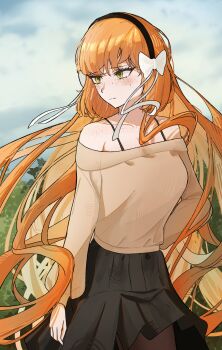 1girl absurdres black_hairband black_skirt bow cloud freckles green_eyes hair_bow hairband highres ishmael_(project_moon) ld0blev limbus_company long_hair looking_to_the_side off-shoulder_sweater off_shoulder orange_hair outdoors pantyhose project_moon skirt sky solo sweater very_long_hair white_bow