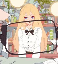 1boy 1girl 20s animated arms_at_sides black_bow black_bowtie blonde_hair blouse blue_eyes blush book bookshelf bouncing_breasts bow bowtie bra breasts buttons cleavage clueless collared_shirt desk disappearing_clothes embarrassed employee_uniform eye_contact glasses head_tilt indoors ink_pen interior jiggle large_breasts lights lit_silium long_hair long_sleeves looking_at_another looking_at_viewer mole mole_under_mouth monitor myndi nipples nude open_mouth pink_bra pink_skirt plant pov revealing_clothes shelf shirt sidelocks skirt smile solo_focus standing staring surprised underboob underwear video white_shirt worried x-ray x-ray_glasses x-ray_vision