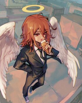 Rule 34 | absurdres, androgynous, angel, angel devil (chainsaw man), angel wings, black jacket, black necktie, black suit, business suit, chainsaw man, collared shirt, commentary request, eating, feathered wings, floating neckwear, food, foreshortening, formal clothes, full body, glowing, glowing halo, hair between eyes, halo, hand in pocket, highres, holding, holding food, holding ice cream, holding ice cream cone, ice cream, ice cream cone, jacket, korean commentary, long hair, looking at food, male focus, mouse (animal), necktie, on rooftop, phantom ix row, red eyes, red hair, rooftop, shirt, soft serve, standing, suit, suit jacket, tongue, tongue out, traditional halo, white shirt, white wings, wings